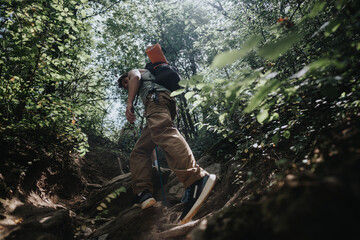 Young hiker climbing up a rocky trail in the lush forest on a bright and sunny summer day....