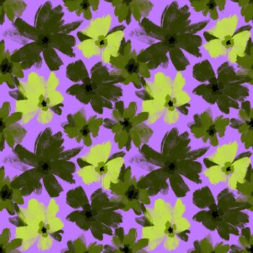 Digital Hand Painting Abstract Watercolor Poppy Pansy Medium Ditsy Flowers and Leaves Seamless Pattern Isolated Background