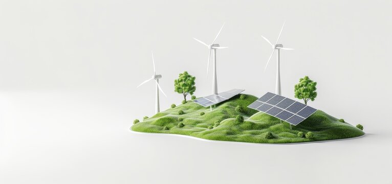 3D wind power generator. Electric ecological windmill technology on landscape. Renewable alternative energy. Electricity turbine. Green energy and ecology
