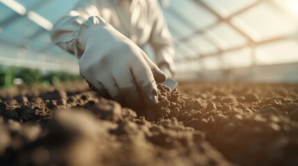 Cinematic scene of a farmer in motion, digging soil with determination in a high-tech greenhouse, light rays and shadows enhancing the atmosphere