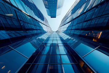 Modern skyscrapers looking upward, showcasing urban architecture