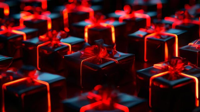 Animation  BLACK FRIDAY gift background on black ,  rel ribbon, glowing present box, retail promotions, discount events and social media marketing Big sale offer