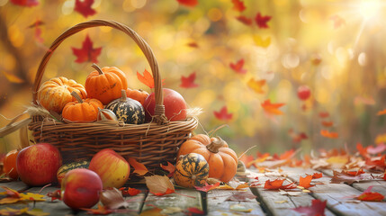 Basket filled with apples, pumpkins, and corn on a wooden table, surrounded by autumn leaves, set against a vibrant fall background.