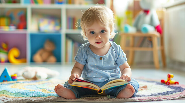 Adorable baby reading a picture book, sitting on a colorful rug in a bright and cheerful nursery. The scene captures the joy of early learning and childhood curiosity