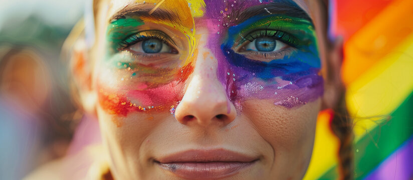 Cheerful individuals at a Pride festival, celebrating with colorful rainbow flags and bright smiles, embracing diversity and joy.