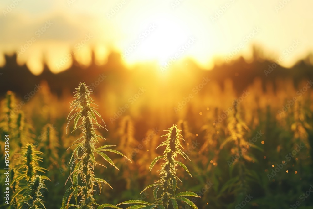 Poster hemp plants in a field at sunset