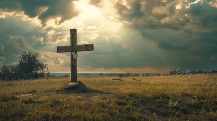 A wooden cross is standing in a field of grass. Generate AI image
