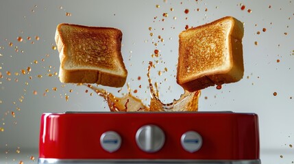 Toasted bread slices jump out of a red toaster with an artistic splash of liquid, capturing a dynamic and lively breakfast moment filled with energy and warmth.