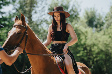 Fototapeta premium A young woman rides a horse in the forest, experiencing the joy of outdoor adventure. Perfect for themes of nature, equestrianism, and outdoor activities.