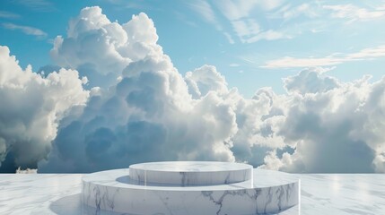 an empty marble podium set against a backdrop of a bright blue sky and fluffy clouds. 