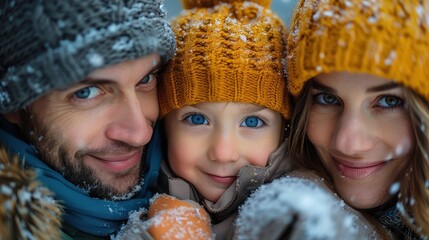 A cheerful family trio portrait of a father, mother, and child enjoying a snowy day, bundled up in winter clothes and flashing big smiles for the camera.