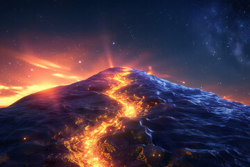 Naklejka premium Mountain with glowing lava at night, capturing nature's fiery beauty
