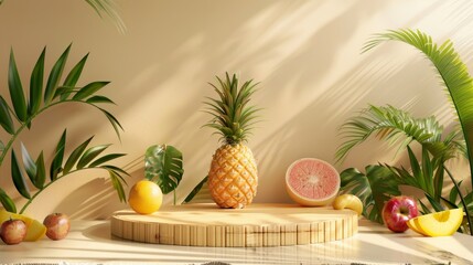 an empty bamboo podium with tropical fruits and palm leaves around it, evoking a summer feel.