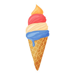 Colorful fruity ice cream in a waffle cone. Cool refreshing dessert Hand drawn flat style isolated. Vector illustration of sweets fresh berries, cheerful and summery appearance. 