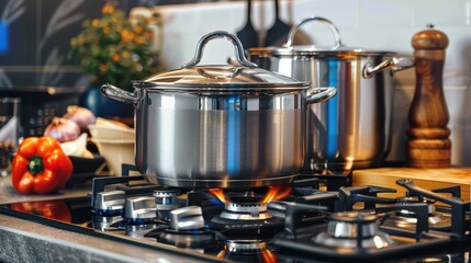 A stainless steel cooking pot is on a gas stove top, with the flame burning underneath. The kitchen setting is modern, with vegetables and another pot visible in the background.