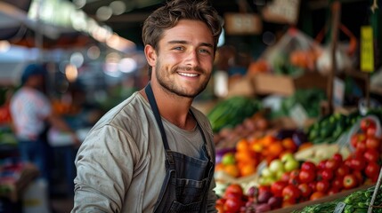 Man in a market setting, surrounded by fresh produce and vibrant colors, wearing an apron and smiling, reflecting the atmosphere of a bustling and lively environment.