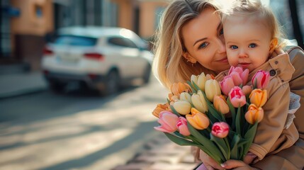 A sunny street scene, where a mother holds her child close while they both smile at the camera with a colorful tulip bouquet, captures joy and familial love.