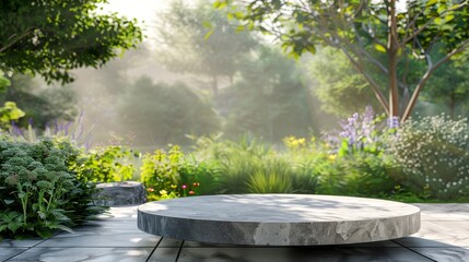 an empty natural stone podium on a patio with a view of a summer garden. 