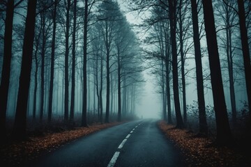 Obraz premium Fog In Spooky Forest At Moon Light On Asphalt - Abstract Bokeh And Filter Toned