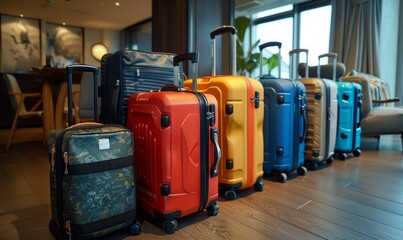 A line of luggage in a hotel room