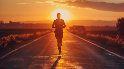 The athlete running on the road on the sunset