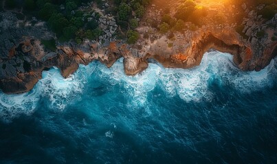 Aerial view of waves crashing against eroded cliffs along a rugged coastline at sunrise