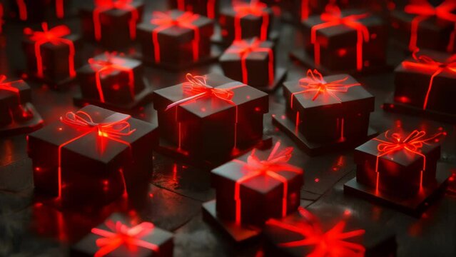 Animation  BLACK FRIDAY gift background on black ,  rel ribbon, glowing present box, retail promotions, discount events and social media marketing Big sale offer