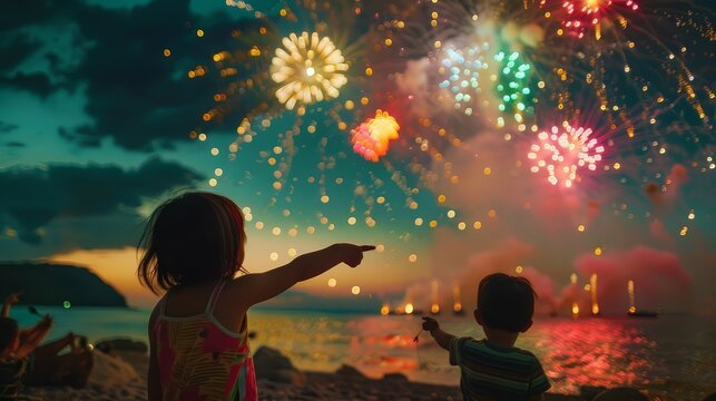 Children pointing in excitement as colorful fireworks fill the night sky near the beach