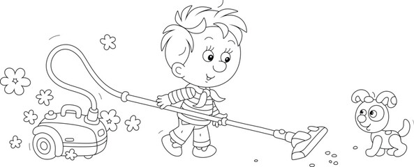 Funny little boy vacuuming his room with a vacuum cleaner, black and white vector cartoon illustration for a coloring book