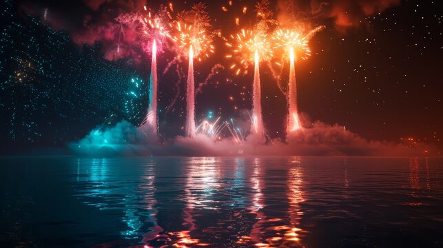 Colorful rockets bursting over the ocean, reflecting in the waves below