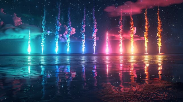 Colorful rockets bursting over the ocean, reflecting in the waves below