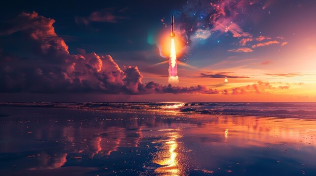 Colorful rockets bursting over the ocean, reflecting in the waves below