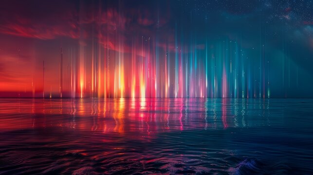 Colorful rockets bursting over the ocean, reflecting in the waves below