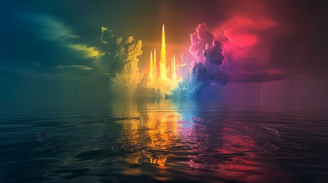 Colorful rockets bursting over the ocean, reflecting in the waves below