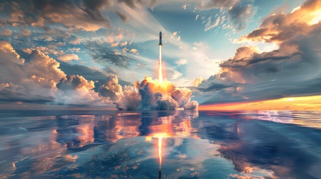 Colorful rockets bursting over the ocean, reflecting in the waves below