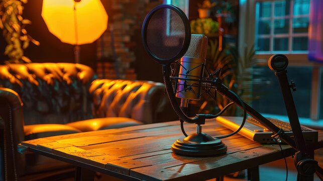 A professional podcast recording studio setup featuring a microphone on a stand, with a warm and cozy ambient lighting, ready for recording a session.
