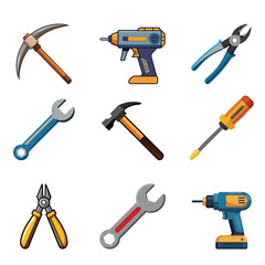 set of Industrial small tools vector design, hammer, tool, work, construction, tools, equipment, screwdriver, icon, metal, wrench, repair, hand, steel, object, saw, vector, set, carpenter, design, diy