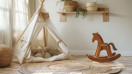 A nurturing child’s play area featuring a soft-fabric tent filled with cozy cushions, complemented by a wooden rocking horse, creating a serene and imaginative environment.