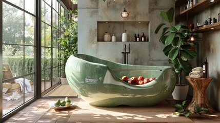 Creative green apple-shaped bathtub in a modern bathroom interior.
