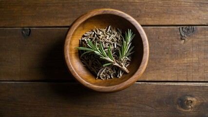 top view of rosemary ground in a small wooden plate is background