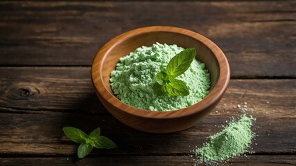 top view of peppermint powdered in a small wooden plat background
