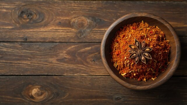 top view of ras el hanout in a small wooden plate isol background