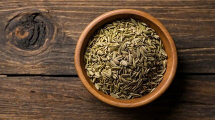 top view of dill seed ground in a small wooden plate i background