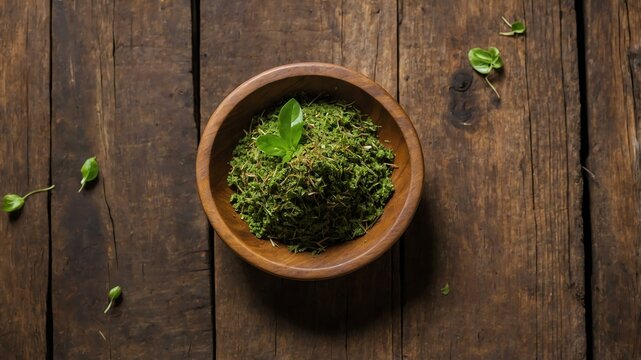 top view of epazote ground in a small wooden plate iso background