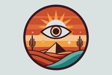 Circle artwork with t-shirt design, mysterious philosophical emblem of eye of horus with white background desert behind it 