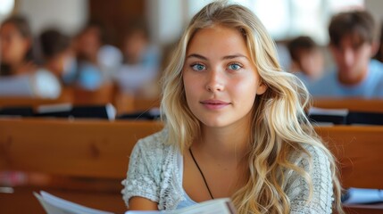 A young blonde girl sits in a classroom, her attention focused on an open book, representing the pursuit of knowledge and the importance of education in a student's life.