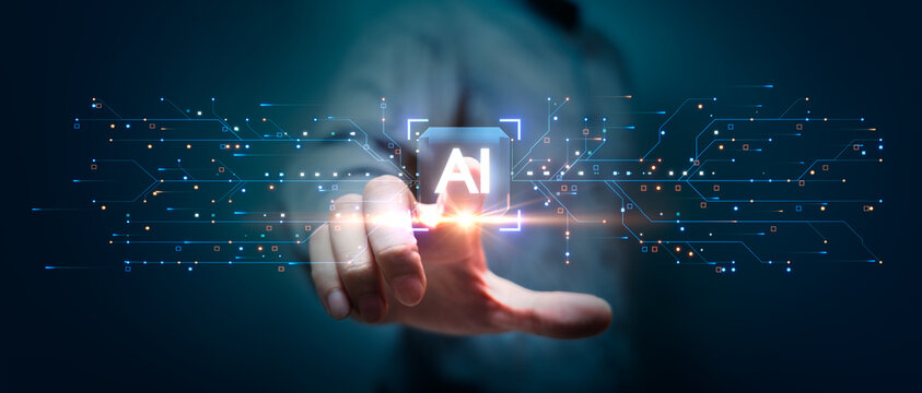 A close-up of a hand reaching out and touching a glowing "AI" icon, representing the interaction with artificial intelligence technology. The background features digital circuit lines, emphasizing inn
