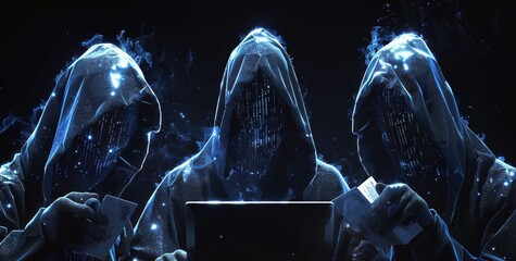 Three hooded figures with digital faces engaged in hacking activity with glowing effects