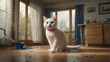 An anthropomorphic white cat dressed in a pink sweater and blue jeans is energetically mopping a wooden floor from soda. Suddenly, the cat loses its balance and slips