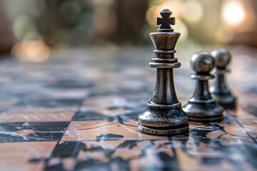 A chessboard featuring a queen leading two pawns concept of teamwork and strategic leadership, mentorship and personal development.